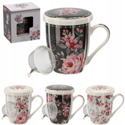 KUBEK PORCELANOWY Z ZAPARZACZEM I POKRYWKĄ 340 ML DO ZIÓŁ WZORY NA PREZENT